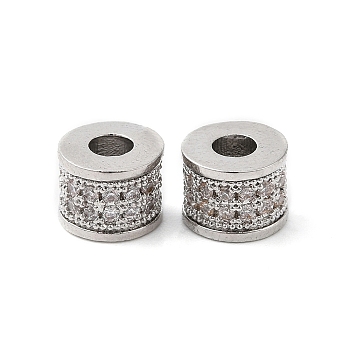 Brass Micro Pave Clear Cubic Zirconia Beads, Column, Real Platinum Plated, 7x5.5mm, Hole: 3mm