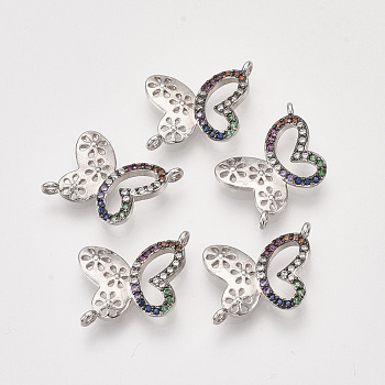 Brass Cubic Zirconia Links, Butterfly, Colorful, Platinum, 12~13x16~17x2.5~3mm, Hole: 1~1.2mm