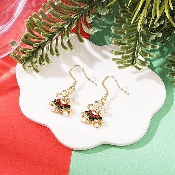 Christmas Theme Alloy Rhinestone Dangle Earrings, Golden, Christmas Bell, 31x14mm