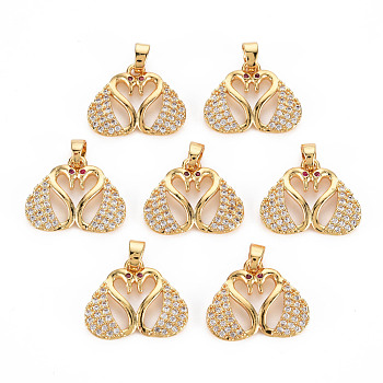 Rack Plating Brass Micro Pave Clear Cubic Zirconia Pendants, Long-Lasting Plated, Cadmium Free & Lead Free, Swan, Golden, 14.5x18x2mm, Hole: 3x4mm