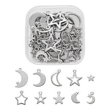 60Pcs 10 Style 304 Stainless Steel Pendants, Moon & Star, Stainless Steel Color, 6~17x6~12.5x0.7~1mm, Hole: 0.5~1.4mm, 6pcs/style