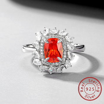 Rhodium Plated Sterling Silver Flower Finger Ring, with Orange Red Cubic Zirconia, with 925 Stamp, Platinum, Inner Diameter: 17mm