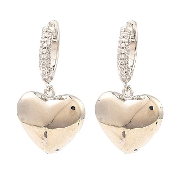Brass with Cubic Zirconia Dangle Hoop Earrings, Heart, Platinum, 31.5x17mm