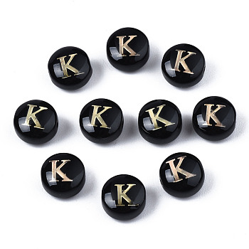Handmade Lampwork Beads, with Golden Plated Brass Etched Metal Embellishments, Flat Round with Alphabet, Letter.K, 8x5mm, Hole: 0.8mm