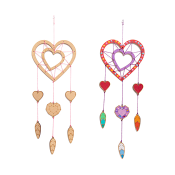 DIY Heart Wind Chime Making Kits, Including 1Pc Wood Plates, 1 Card Cotton Thread and 1Pc Plastic Knitting Needles, for Children Painting Craft, Mixed Color, Thread & Needle: Random Color