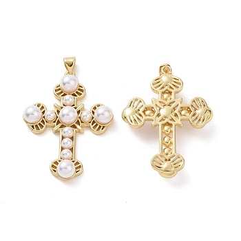 Plastic Imitation Pearl Pendants, with Brass Findings, Cross Charm, Real 18K Gold Plated, 40.5x30x7mm, Hole: 3.5x5mm