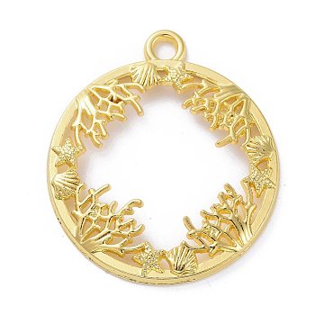 Zinc Alloy Open Back Bezel Pendants, For DIY UV Resin, Epoxy Resin, Pressed Flower Jewelry, Ring with Ocean Plants, Golden, 34x30x3mm, Hole: 3mm
