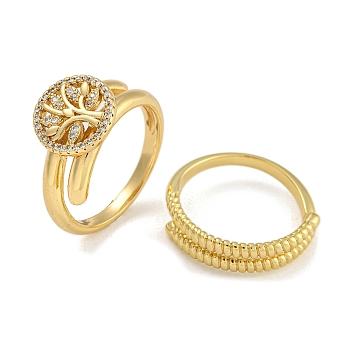 2Pcs 2 Styles Brass Micro Pave Cubic Zirconia Adjustbale Rings for Women, Tree of life/Double Layer, Real 18K Gold Plated, 2.5~12mm, Inner Diameter: 18.5mm, 1pc/style