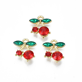 Rack Plating Alloy Rhinestone Pendants, Cadmium Free & Lead Free, Cherry, Real 16K Gold Plated, Colorful, 16x13.5x5mm, Hole: 1.8mm
