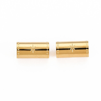 304 Stainless Steel Beads, Column with Star, Real 14K Gold Plated, 12x6mm, Hole: 1.8mm