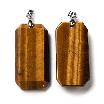 Natural Tiger Eye Pendants, Faceted Rectangle Charms, with Platinum Plated Brass Snap on Bails, Lead Free & Cadmium Free, 40~41x20~21x6~9mm, Hole: 4.3x3.8mm
