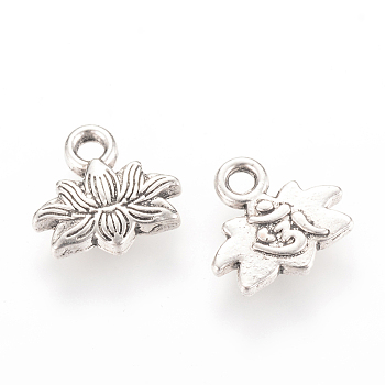 Tibetan Style Alloy Charms, Lotus, Cadmium Free & Lead Free, Antique Silver, 10.5x11x2mm, Hole: 2mm