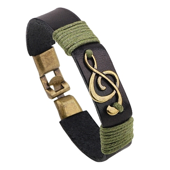 Alloy Musical Note Link Bracelet with Leather Cords, for Men, Olive Drab, 7-1/8~8-5/8 inch(18~22cm)