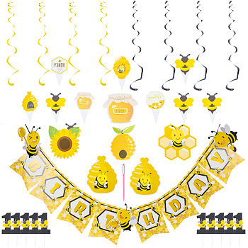 AHANDMAKER 4Sets 4 Style Bees Theme Paper Cake Topper, Cake Decorating Supplies, for Party Decoration, Yellow, 1set/style