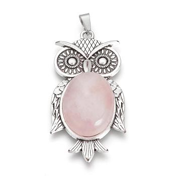 Natural Rose Quartz Big Pendants, with Alloy Findings, Owl, Antique Silver, 56x27.5x7.5mm, Hole: 3.5x7.5mm