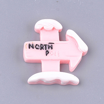 Resin Cabochons, Christmas Fingerpost with North Pole, Pink, 27~28x26~27x5.5mm