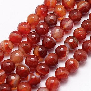 Faceted Natural Agate Beads Strands, Dyed & Heated, Round, Grade A, Orange Red, 6mm, Hole: 1mm, about 61~62pcs/strand, 14.4~14.6 inch