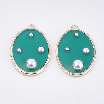 Alloy Pendants, with ABS Plastic Imitation Pearl and Epoxy Resin, Oval, Light Gold, Dark Cyan, 34x23x6mm, Hole: 1.6mm