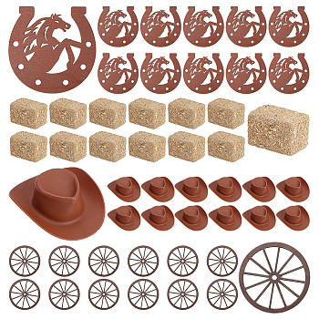 1 Bag Plywood Horseshoe Decorations, Western Cowboy Party Decoration, with 12Pcs Plastic Craft Cowboy Hat, 3 Bags Wooden Rick Miniature Ornaments and 12Pcs Wood Hanging Ornaments, Mixed Color, 69x69.5x3mm, Hole: 4~4.5mm