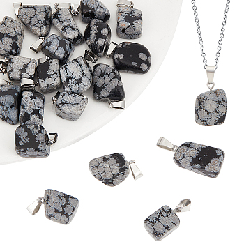 20Pcs Natural Snowflake Obsidian Pendants, with Stainless Steel Snap On Bails, Nuggets Charms, Stainless Steel Color, 15~35x10~20x5~15mm, Hole: 3x7.5mm