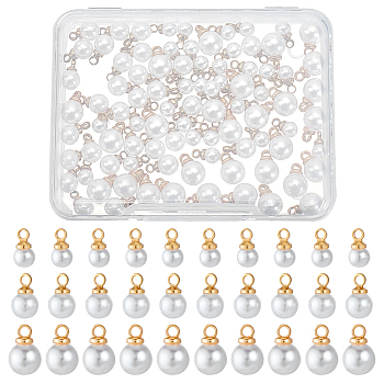 BENECREAT 90Pcs 3 Style Plastic Imitation Pearl Pendants, with Brass Finding, Cadmium Free & Lead Free, Round, Real 24K Gold Plated, 8~9x4~5.5mm, Hole: 1.5mm, 30pcs/style