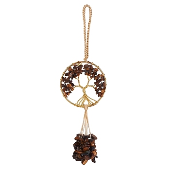 Wire Wrapped Chips Natural Tiger Eye Big Pendant Decorations, with Brass Wires and Nylon Cord, Flat Round with Tree of Life, 170mm