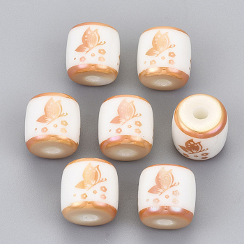 Electroplate Glass Beads, Column with Butterfly Pattern, Rose Gold Plated, 11.5x11.5mm, Hole: 2.5mm