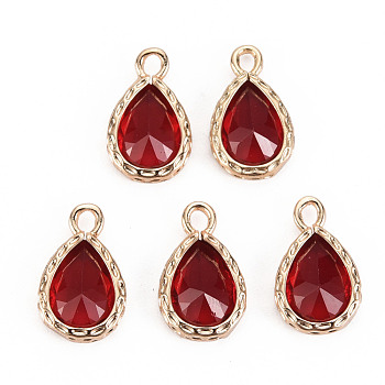 Glass Pendants, with Brass Findings, Faceted, Teardrop, Light Gold, Red, 15x9x4.5mm, Hole: 1.8~2mm