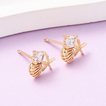 Starfish with Shell Shape Brass Micro Pave Clear Cubic Zirconia Stud Earrings, Real 18K Gold Plated, 9x9.5mm