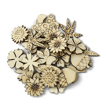 100Pcs Wood Cabochons, Flower/Mushroom/Leaf, Beige, 23~28x22~31x2.4mm, 100pcs/set