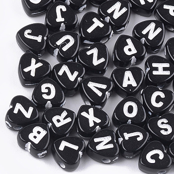 Craft Style Acrylic Beads, Horizontal Hole, Heart with Letter, White, 6.5x6.5x4mm, Hole: 1.5mm, about 3500pcs/500g