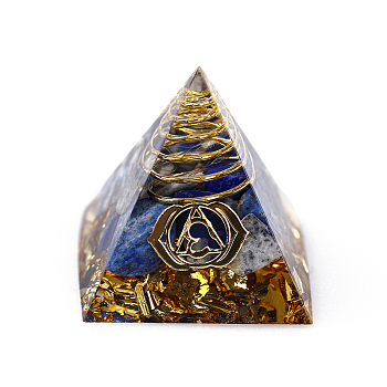 Chakra Pattern Orgonite Pyramid Resin Display Decorations, Healing Pyramids, for Stress Reduce Healing Meditation, with Brass Findings and Natural Lapis Lazuli Chips Inside, for Home Office Desk, 30.5x30.5x29.5mm