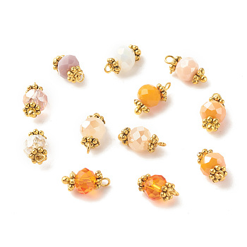 Electroplate Glass Beads Pendant, with Brass Findings, Faceted Rondelle, Dark Orange, 12x5.5mm, Hole: 1.4mm
