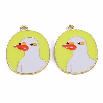 Rack Plating Alloy Pendants, with Enamel, Cadmium Free & Lead Free, Flat Round with Duck, Light Gold, Champagne Yellow, 25x20.5x1.5mm, Hole: 1.6mm
