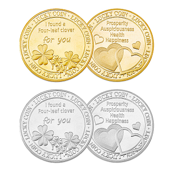 DICOSMETIC 4Pcs 2 Colors Iron Commemorative Coins, Lucky Coins, with Protection Case, Flat Round with Heart Pattern, Platinum & Golden, 40x3mm, 2pcs/color