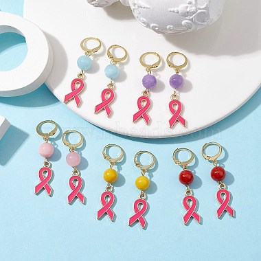 October Breast Cancer Pink Awareness Ribbon Alloy Enamel Leverback Earrings(EJEW-JE05668)-2