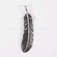 316 Surgical Stainless Steel Big Pendants, Feather, Antique Silver, 68x17x3mm, Hole: 8x5mm(STAS-E070-17)