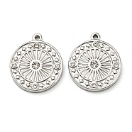 304 Stainless Steel Pendants, with Rhinestone, Flat Round, Stainless Steel Color, 18x15.5x2.5mm, Hole: 1.2mm(STAS-L022-150P)