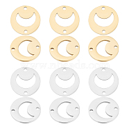 Unicraftale 12Pcs 2 Colors 201 Stainless Steel Links Connectors, Cut, Flat Round with Moon, Golden & Stainless Steel Color, 13x1mm, Hole: 1.2mm, 6pcs/color(STAS-UN0029-30)