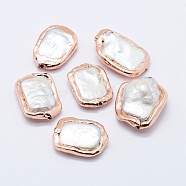Natural Cultured Freshwater Pearl Beads, Edge Rose Gold Plated, Rectangle, Rose Gold, 18.5~24x11.5~18.5x4~9mm, Hole: 1mm(PEAR-F006-70RG)