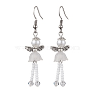 304 Stainless Steel Fairy Dangle Earrings, Glass Seed & Acrylic Pearl Long Drop Earrings, White, 55.5x14mm(EJEW-MZ00129-05)