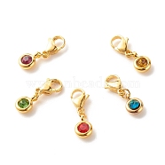 304 Stainless Steel Rhinestone Charms, with 304 Stainless Steel Lobster Claw Clasps, Flat Round, Mixed Color, 20mm(HJEW-JM00579)