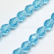 Glass Beads Strands, Faceted, Drop, Deep Sky Blue, 12x8mm, Hole: 1mm, about 56~58pcs/strand, 25~27 inch(EGLA-E010-8x12mm-10)