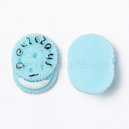 Resin Cabochons, Opaque, Imitation Food, Cookie, with Words I Delicious, Light Sky Blue, 26x21.5x7.5mm(RESI-R429-20A)
