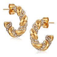 Clear Cubic Zirconia Twist Rope C-shape Stud Earrings, 430 Stainless Steel Half Hoop Earrings for Women, Golden, 19x4mm, Pin: 1mm(JE941A)
