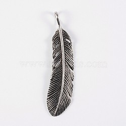 316 Surgical Stainless Steel Big Pendants, Feather, Antique Silver, 68x17x3mm, Hole: 8x5mm(STAS-E070-17)