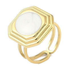 Ion Plating(IP) 304 Stainless Steel Enamel Octagon Cuff Finger Rings, Open Rings for Women, Real 18K Gold Plated, Adjustable(RJEW-L107-069G-01)