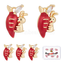 Brass Micro Pave Clear Cubic Zirconia Charms, with Enamel, Nickel Free, Rabbit with Carrot, Crimson, 14.5x9.5x3.5mm, Hole: 0.9mm, 10pcs(KK-BBC0003-98)