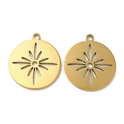 Ion Plating(IP) 304 Stainless Steel Pendants, Flat Round with Flower Charm, Real 18K Gold Plated, 22.5x20x1mm, Hole: 1.8mm(STAS-L020-002G)