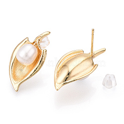 Natural Pearl Stud Earrings, Brass Leaf Earrings, Cadmium Free & Nickel Free & Lead Free, Real 18K Gold Plated, 24x12mm, Pin: 0.8mm(PEAR-N020-06E)